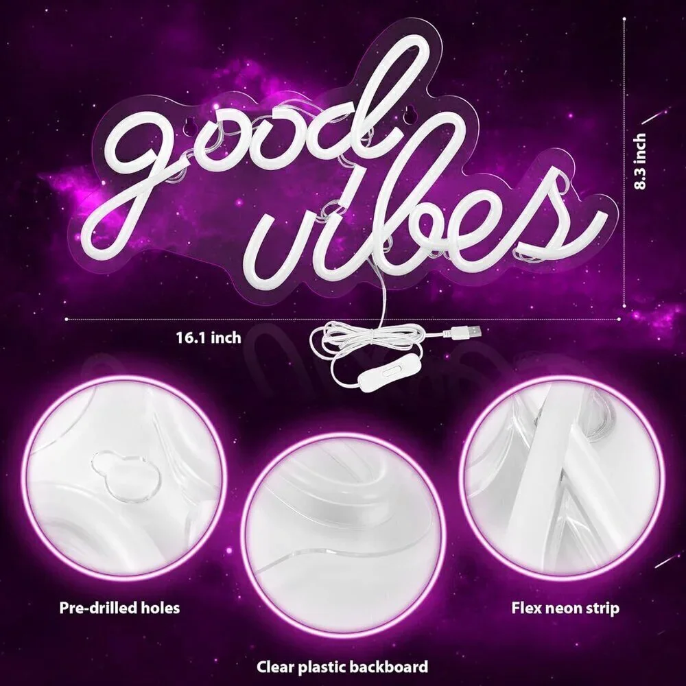 Neon Sign Pink Good Vibes Led Lights for Bedroom, Wall Decor (16.1 x 8.3 inch)